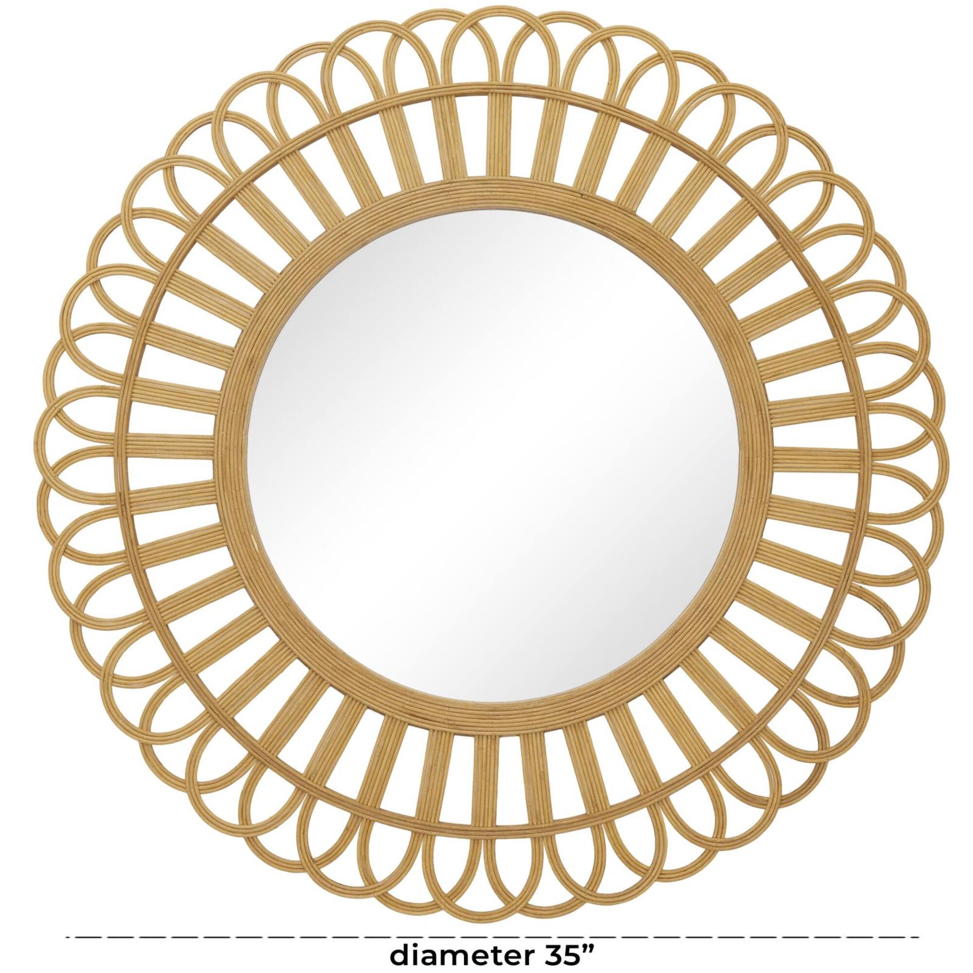 35" Brown Handmade Bamboo Woven Wall Mirror with Beaded Accents